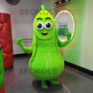 Lime Green Zucchini mascot costume character dressed with a Midi Dress and Rings
