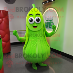 Lime Green Zucchini mascot costume character dressed with a Midi Dress and Rings