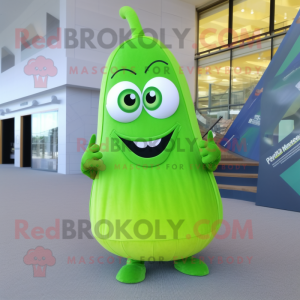 Lime Green Zucchini mascot costume character dressed with a Midi Dress and Rings