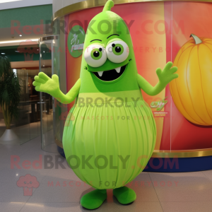 Lime Green Zucchini mascot costume character dressed with a Midi Dress and Rings