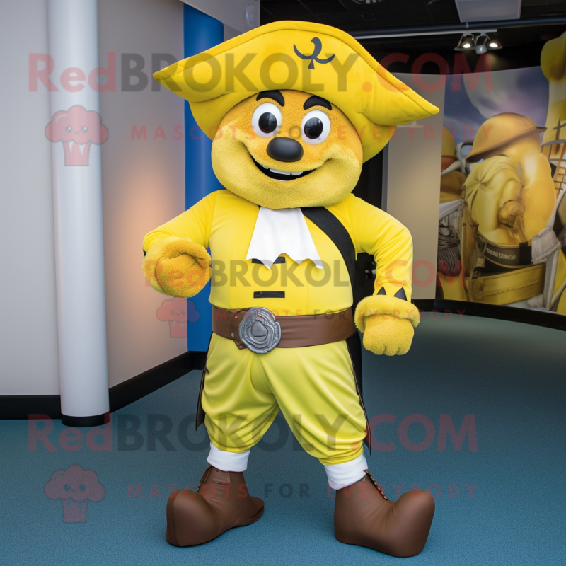 Lemon Yellow Pirate mascot costume character dressed with a Rash Guard and Belts