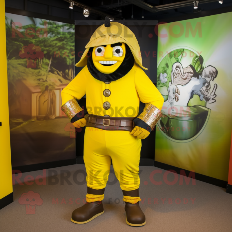 Lemon Yellow Pirate mascot costume character dressed with a Rash Guard and Belts