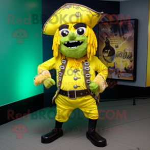 Lemon Yellow Pirate mascot costume character dressed with a Rash Guard and Belts