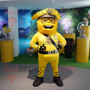 Lemon Yellow Pirate mascot costume character dressed with a Rash Guard and Belts
