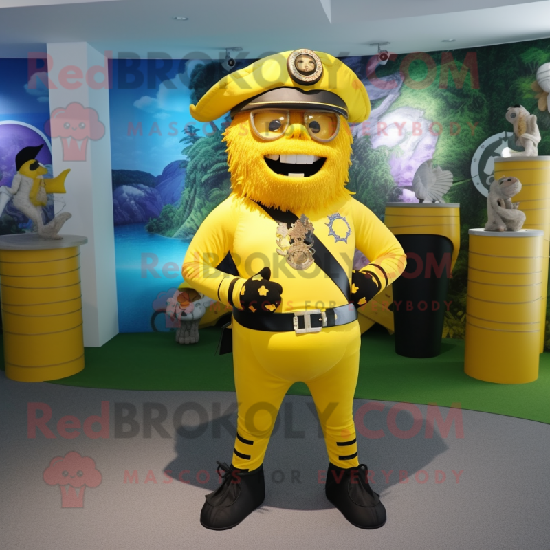 Lemon Yellow Pirate mascot costume character dressed with a Rash Guard and Belts Lemon Yellow Pirate mascot costume character dressed with a Rash Guard and Belts