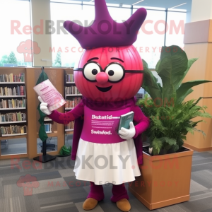 Magenta Turnip mascot costume character dressed with a Empire Waist Dress and Reading glasses