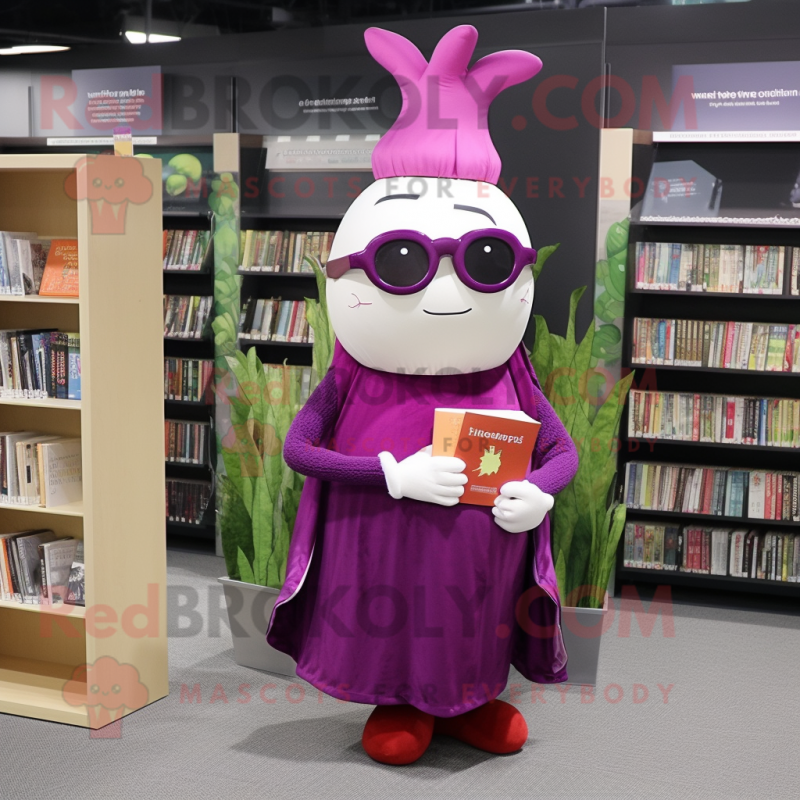 Magenta Turnip mascot costume character dressed with a Empire Waist Dress and Reading glasses