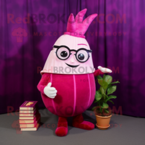 Magenta Turnip mascot costume character dressed with a Empire Waist Dress and Reading glasses