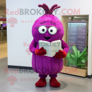 Magenta Turnip mascot costume character dressed with a Empire Waist Dress and Reading glasses