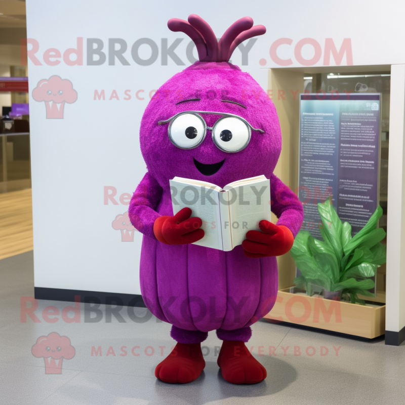 Magenta Turnip mascot costume character dressed with a Empire Waist Dress and Reading glasses