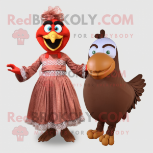 Brown Tandoori Chicken mascot costume character dressed with a Ball Gown and Shoe clips