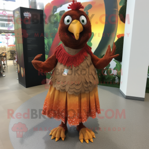 Brown Tandoori Chicken mascot costume character dressed with a Ball Gown and Shoe clips