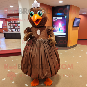 Brown Tandoori Chicken mascot costume character dressed with a Ball Gown and Shoe clips