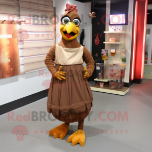 Brown Tandoori Chicken mascot costume character dressed with a Ball Gown and Shoe clips