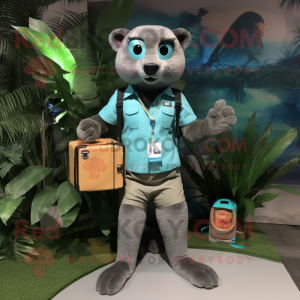 Teal Jaguarundi mascot costume character dressed with a Cargo Shorts and Digital watches