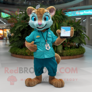 Teal Jaguarundi mascot costume character dressed with a Cargo Shorts and Digital watches