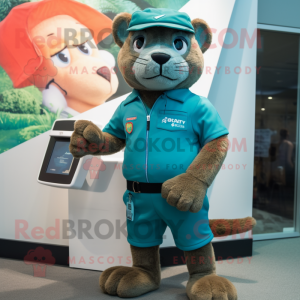 Teal Jaguarundi mascot costume character dressed with a Cargo Shorts and Digital watches