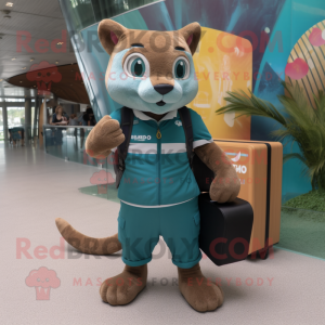 Teal Jaguarundi mascot costume character dressed with a Cargo Shorts and Digital watches