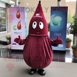 Maroon Pear mascot costume character dressed with a Evening Gown and Beanies