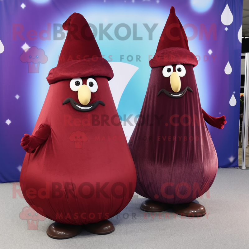 Maroon Pear mascot costume character dressed with a Evening Gown and Beanies