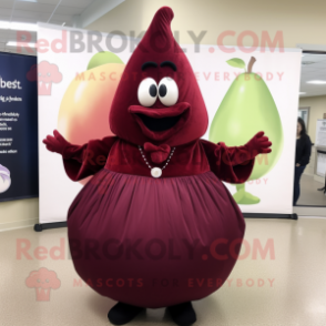 Maroon Pear mascot costume character dressed with a Evening Gown and Beanies