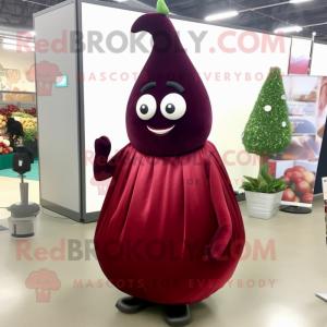 Maroon Pear mascot costume character dressed with a Evening Gown and Beanies