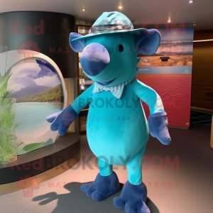 Turquoise Tapir mascot costume character dressed with a One-Piece Swimsuit and Hat pins