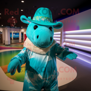 Turquoise Tapir mascot costume character dressed with a One-Piece Swimsuit and Hat pins