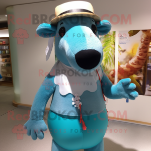 Turquoise Tapir mascot costume character dressed with a One-Piece Swimsuit and Hat pins