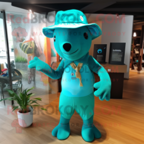 Turquoise Tapir mascot costume character dressed with a One-Piece Swimsuit and Hat pins