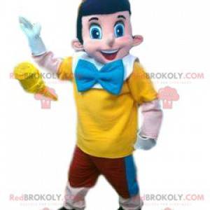 Pinocchio mascot and his red, yellow and blue outfit -