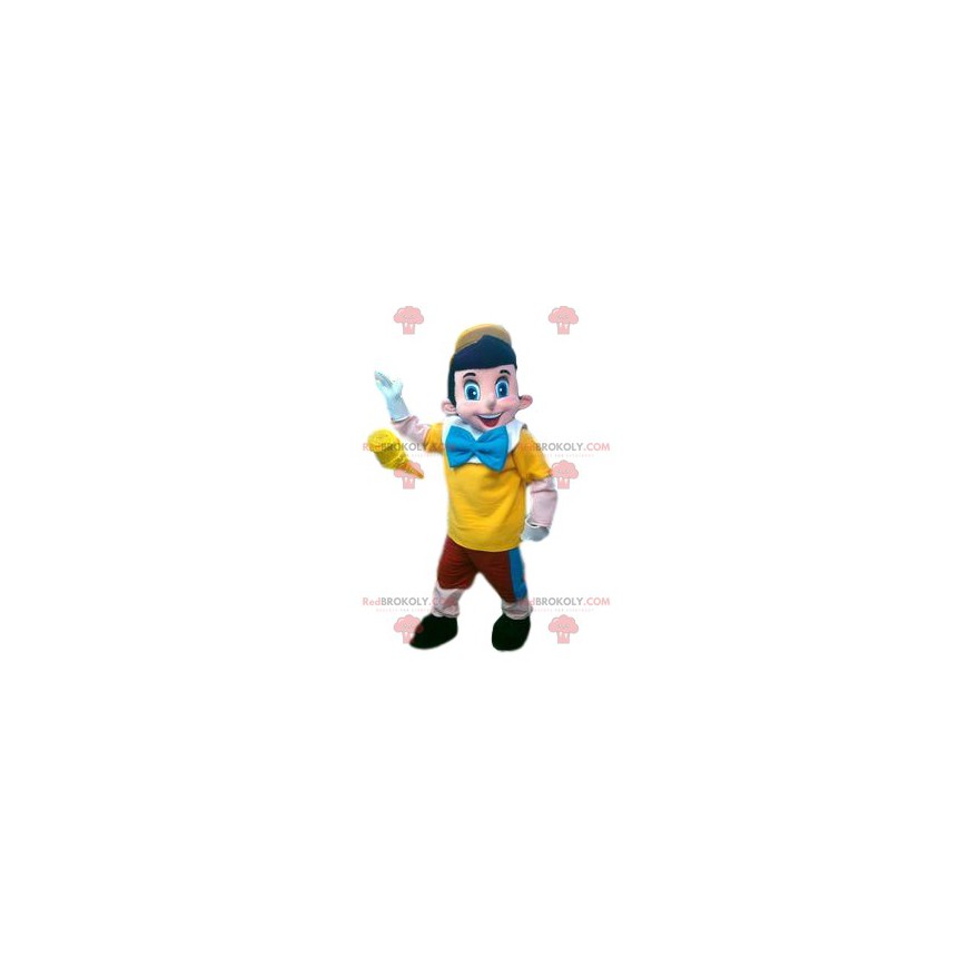 Mascota de Pinocho y su traje rojo, amarillo y azul -