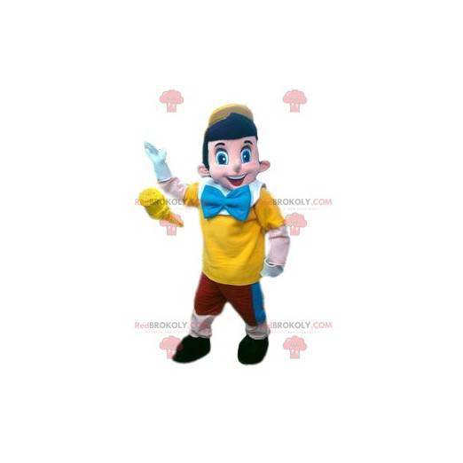 Pinocchio maskot och hans röda, gula och blå outfit -