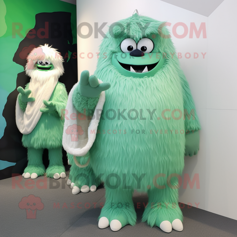 Forest Green Yeti mascot costume character dressed with a Wrap Dress and Coin purses Forest Green Yeti mascot costume character dressed with a Wrap Dress and Coin purses