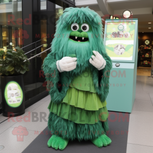 Forest Green Yeti mascot costume character dressed with a Wrap Dress and Coin purses