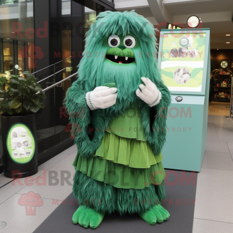 Forest Green Yeti mascot costume character dressed with a Wrap Dress and Coin purses Forest Green Yeti mascot costume character dressed with a Wrap Dress and Coin purses