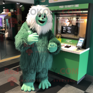 Forest Green Yeti mascot costume character dressed with a Wrap Dress and Coin purses