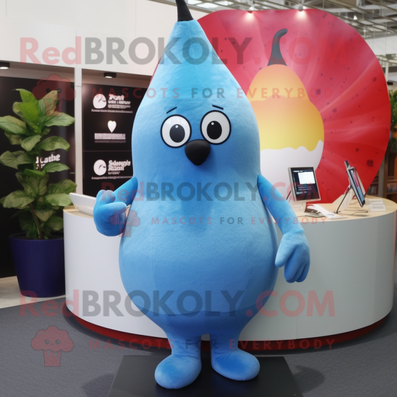 Sky Blue Pear mascot costume character dressed with a Jumpsuit and Necklaces