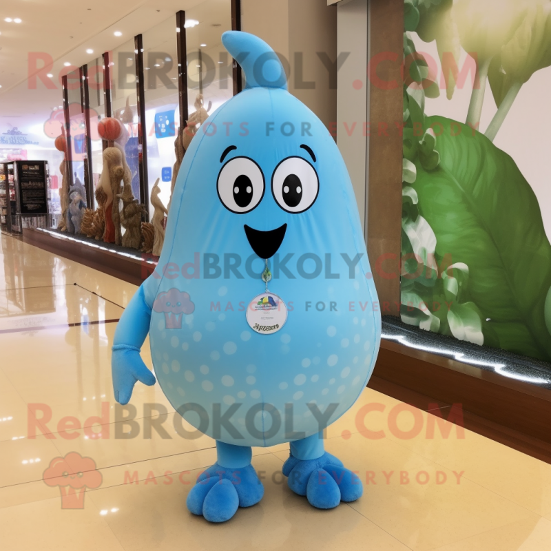 Sky Blue Pear mascot costume character dressed with a Jumpsuit and Necklaces Sky Blue Pear mascot costume character dressed with a Jumpsuit and Necklaces