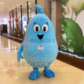 Sky Blue Pear mascot costume character dressed with a Jumpsuit and Necklaces