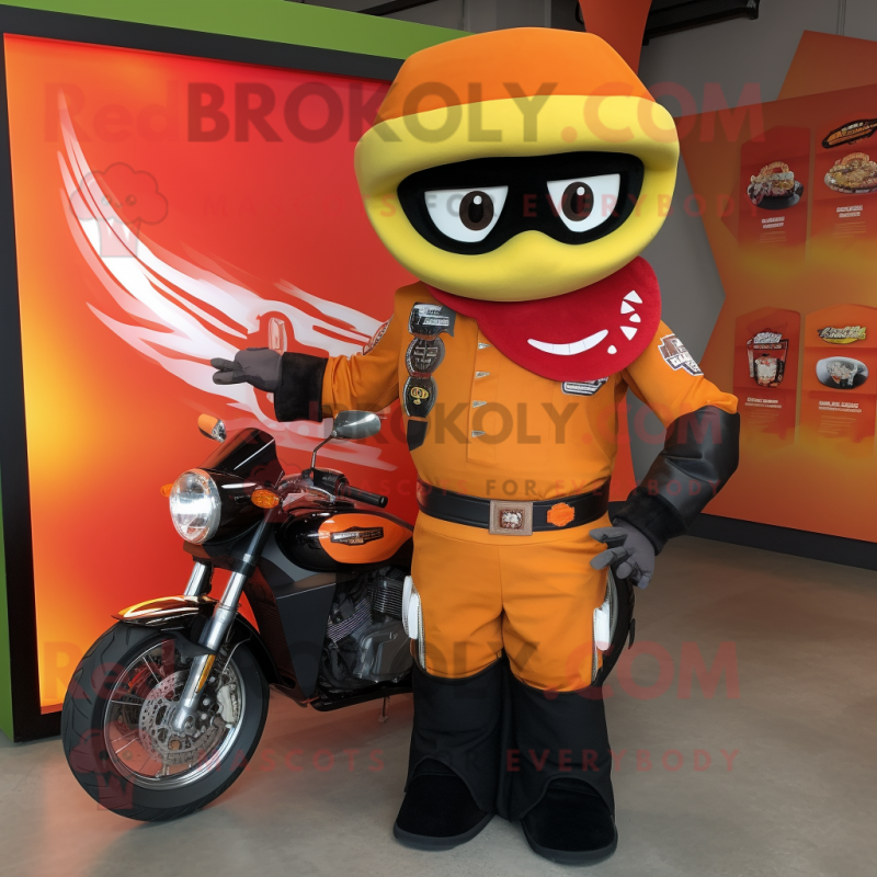 Orange Fajitas mascot costume character dressed with a Moto Jacket and Keychains Orange Fajitas mascot costume character dressed with a Moto Jacket and Keychains