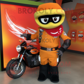 Orange Fajitas mascot costume character dressed with a Moto Jacket and Keychains