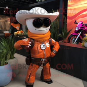 Orange Fajitas mascot costume character dressed with a Moto Jacket and Keychains