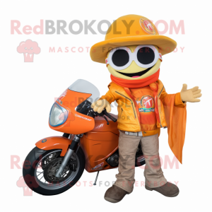 Orange Fajitas mascot costume character dressed with a Moto Jacket and Keychains