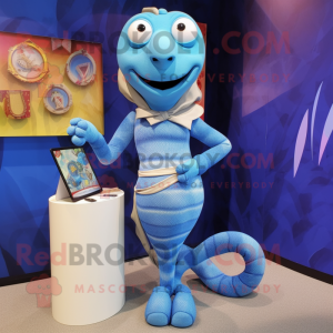 Sky Blue Snake mascot costume character dressed with a Mini Skirt and Cufflinks