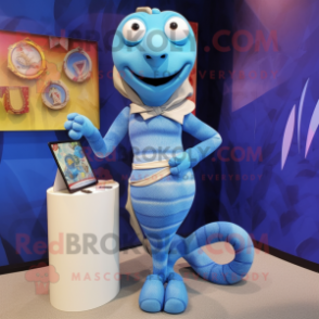 Sky Blue Snake mascot costume character dressed with a Mini Skirt and Cufflinks