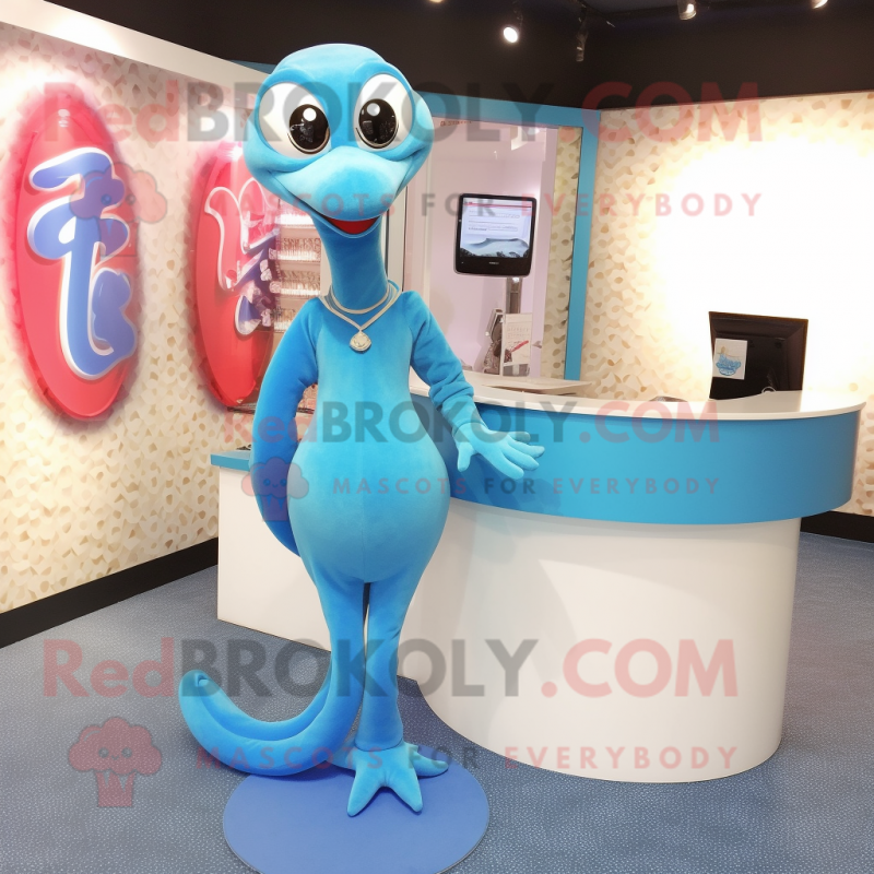 Sky Blue Snake mascot costume character dressed with a Mini Skirt and Cufflinks