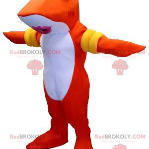 Mascote peixe tubarão laranja e branco com braçadeiras -