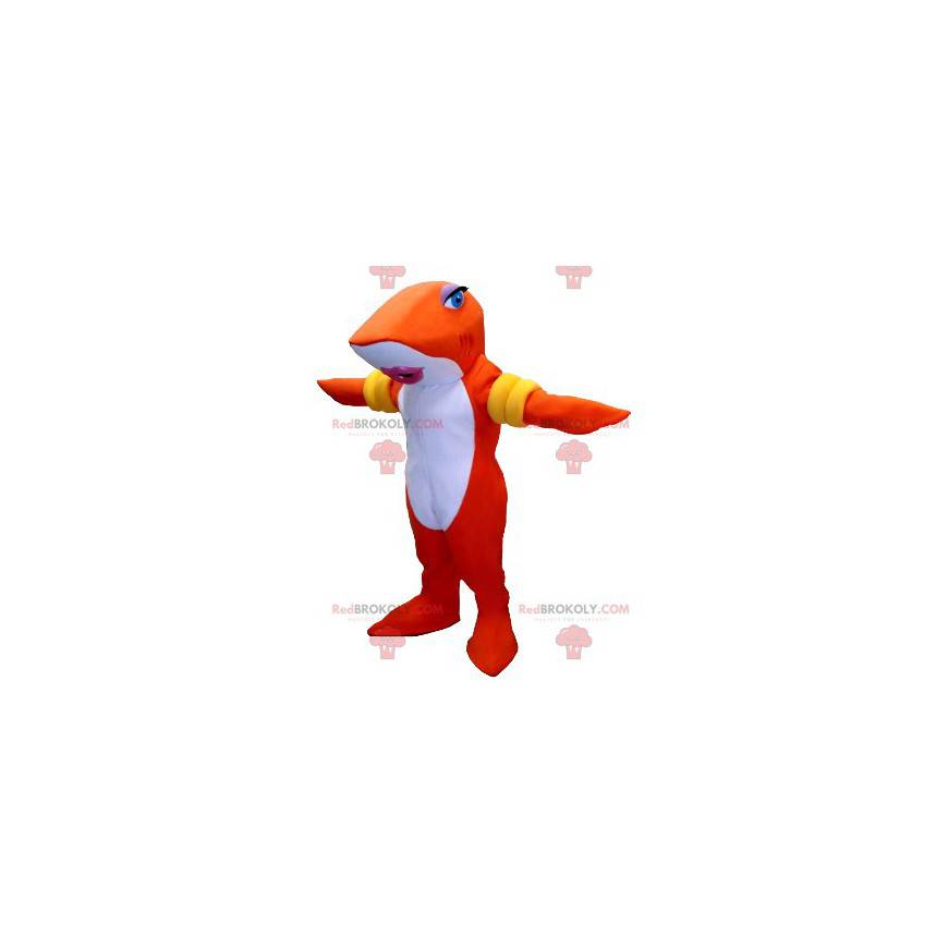 Mascota de pez tiburón naranja y blanco con brazaletes -