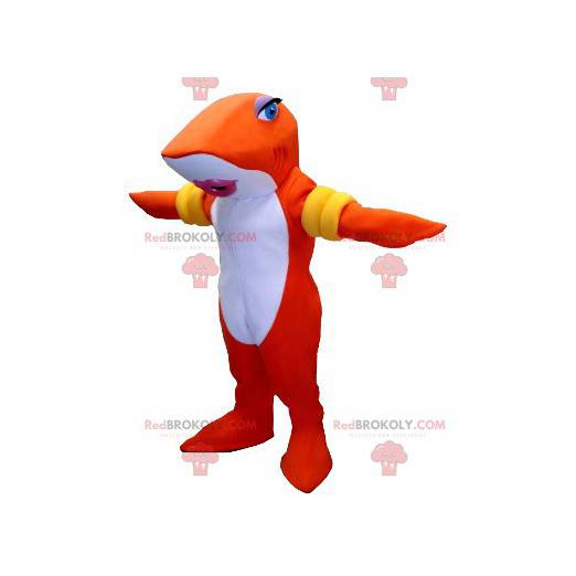 Orange und weißer Haifisch Maskottchen mit Armbinden -